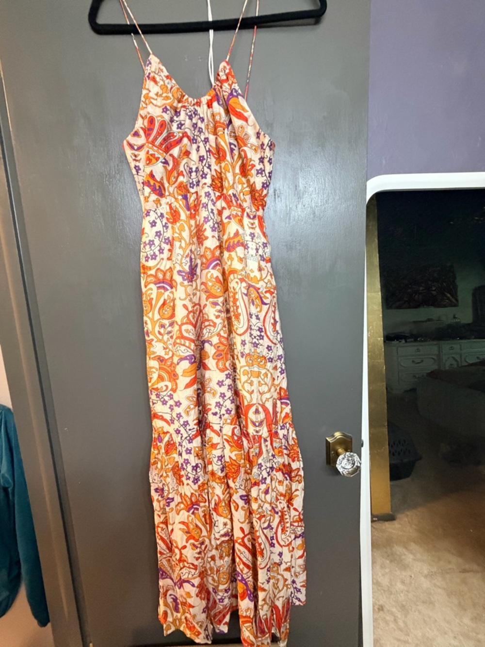 Paisley Spaghetti-Strap Maxi Dress in Orange & Purple
